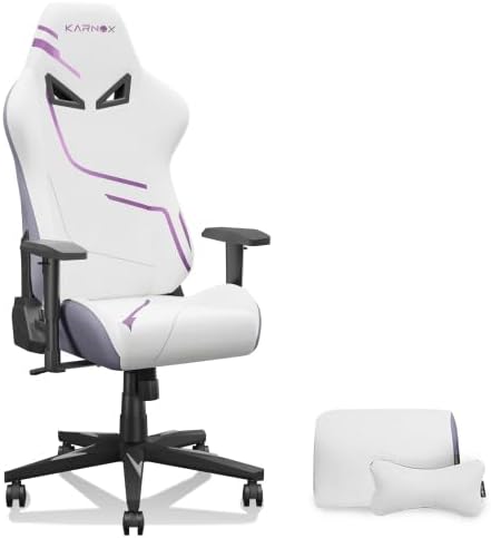 Sedia gaming bianca e viola - Rivestimento in tessuto per home office - Altezza regolabile con supporto testa e lombare - Modello ergonomico inclinabile fino a 136 kg