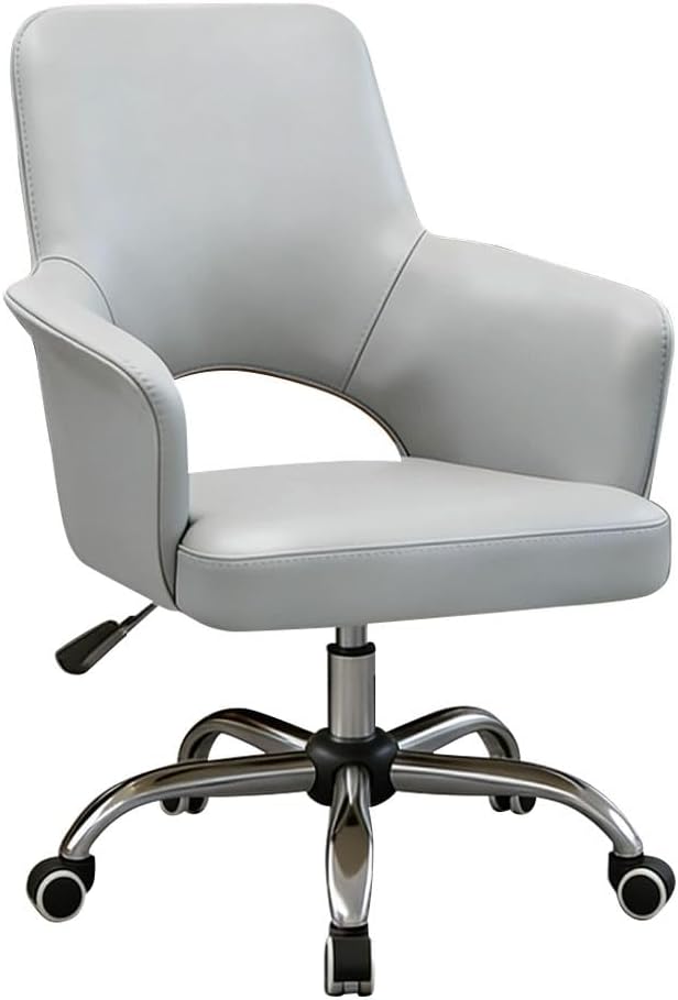 YCKEGEW - Sedia da ufficio in pelle grigia con schienale medio - Braccioli imbottiti e ruote per postazione computer - Seduta direzionale 70 x 41 x 56 cm