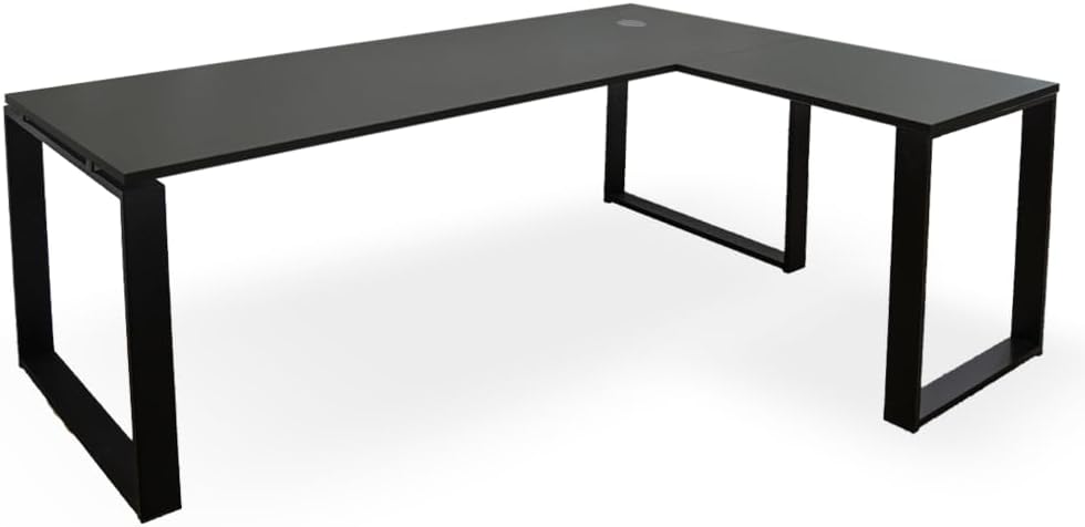 Scrivania angolare per computer - Piano in legno con struttura in metallo nero - Forma a L con passacavi integrati - Grigio moderno per ufficio e home office