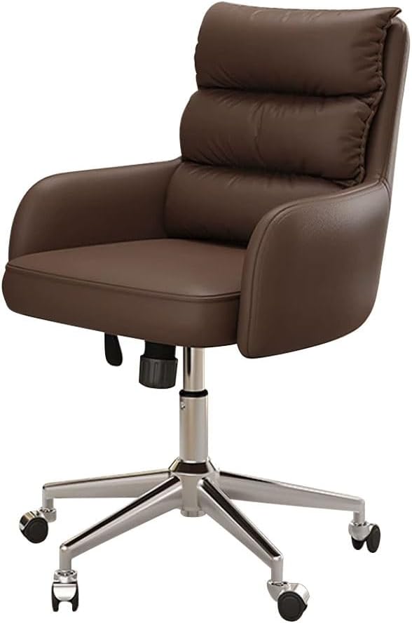 YCKEGEW sedia ufficio girevole in pelle - Schienale medio e altezza regolabile - Rotazione 360 gradi con rotelle flessibili - Marrone con gambe argento 70 x 41 x 56 cm