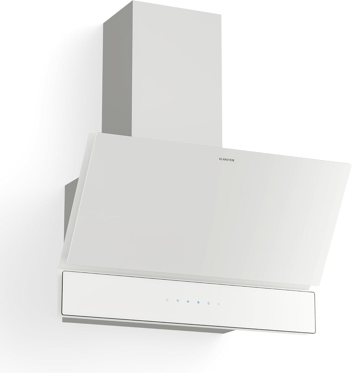 Klarstein Velaire Cappa aspirante inclinata 60 cm - Classe A più con flusso aria 820 m3 h - 3 velocità più Boost touch e LED - Bianca con filtri carbone e alluminio