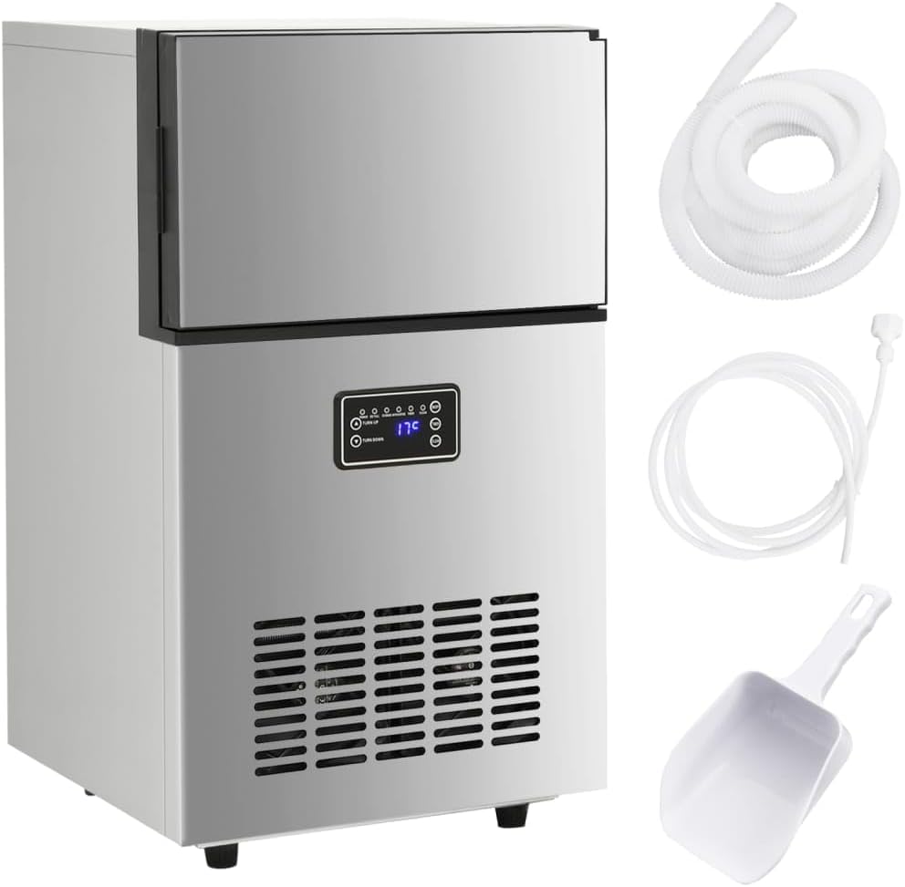 vidaXL 153682 - Macchina per cubetti di ghiaccio 45 kg al giorno - Struttura argento con alimentazione 240 V - Formato 34.5 x 63 x 63 cm per produzione frequente