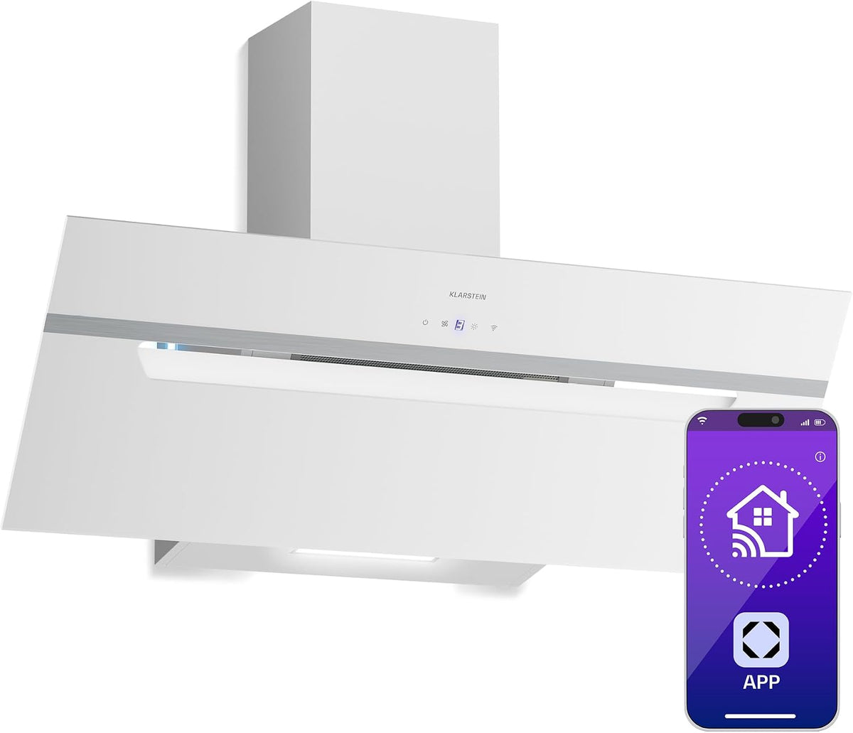 Klarstein BigBite Cappa aspirante inclinata 90 cm - Classe A più con 3 velocità e Boost 417 m3 h - Touch LED WiFi IoT e filtro carbone - Bianca con scarico e ricircolo