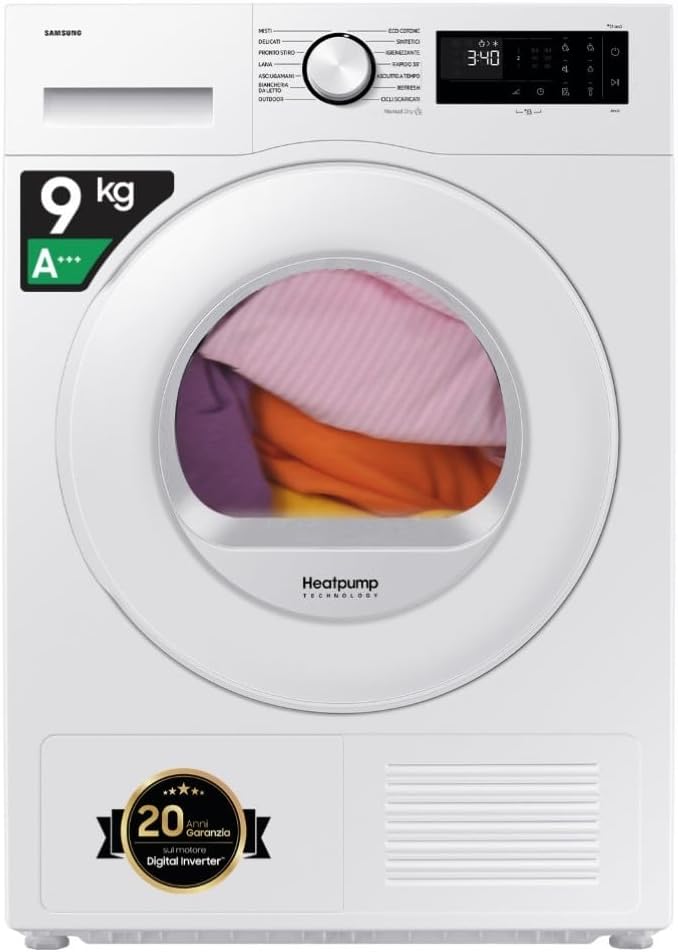 Samsung Crystal EcoDry DV90DG52A0TE asciugatrice - Pompa di calore 9 kg con Optimal Dry - WiFi display LED e filtro 2 in 1 - Porta bianca display nero 60 x 60 x 85 cm