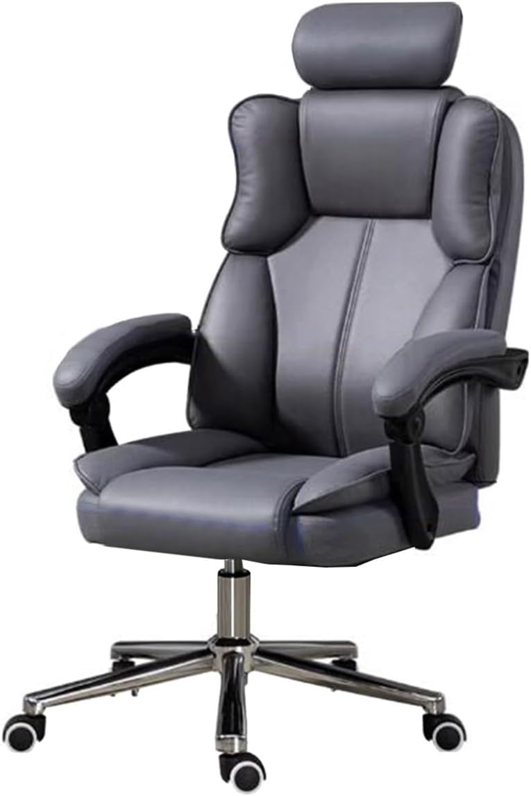 Sedia direzionale ergonomica in pelle - Schienale alto con poggiatesta regolabile - Reclinabile con funzione inclinazione per computer e gaming - Grigia taglia A