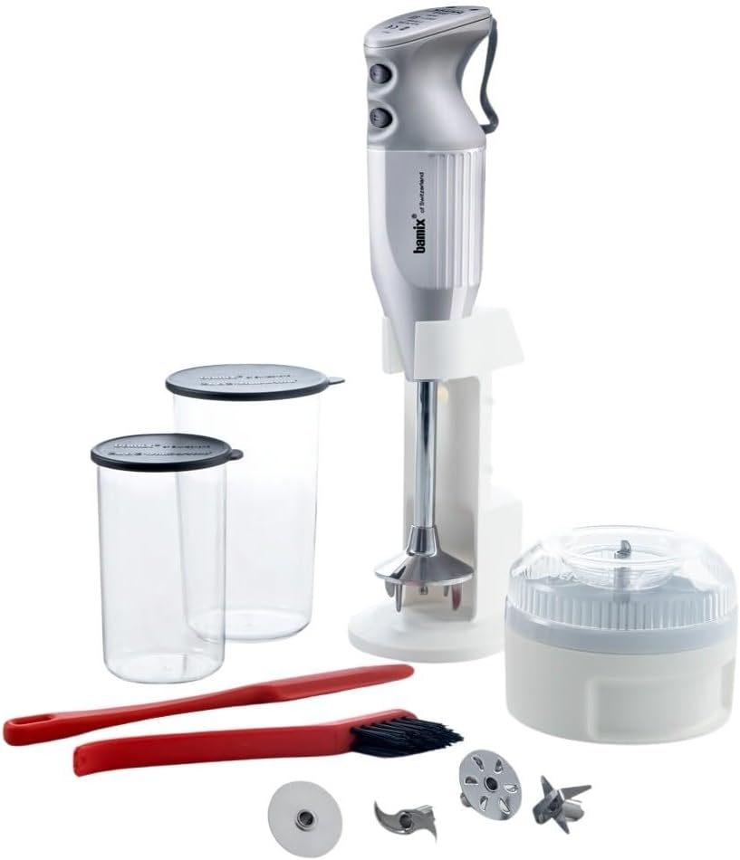 bamix M350 MAXX Set frullatore a immersione 300 W - 2 velocità 18000 e 22000 giri min - 4 utensili processore e 2 bicchieri inclusi - Bianco grigio chiaro in acciaio inox