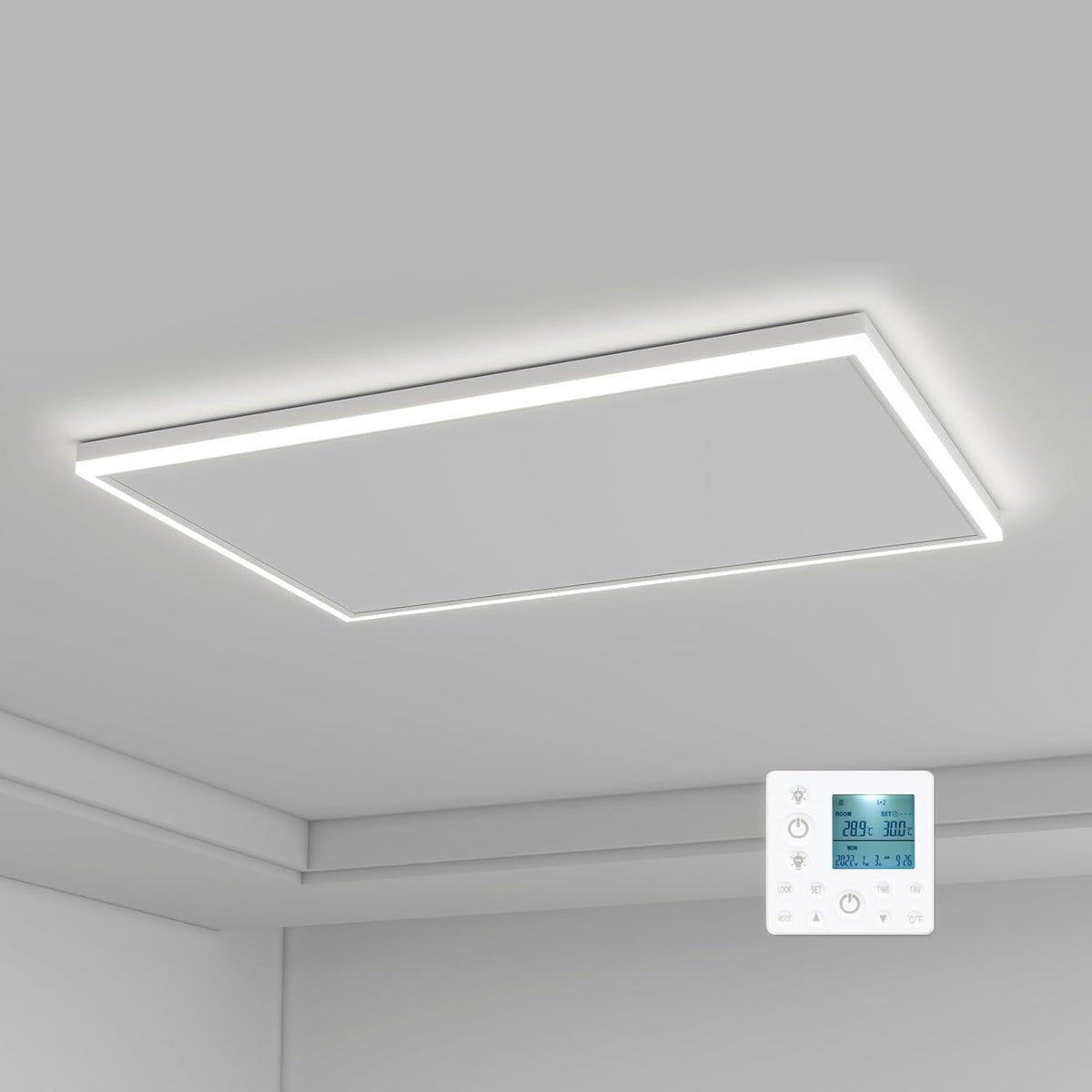 Pannello infrarossi da soffitto 590 W - Riscaldamento radiante con illuminazione LED - Termostato programmabile e telecomando - Bianco rettangolare per interno