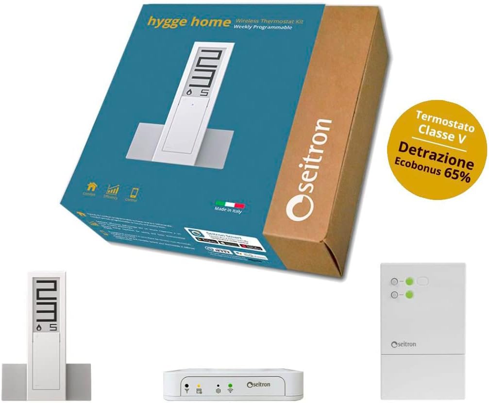 SEITRON Hygge Home Classe V - Cronotermostato WiFi a batteria con ricevitore wireless - Gateway IoT e uscita Modbus - Kit bianco programmabile per riscaldamento