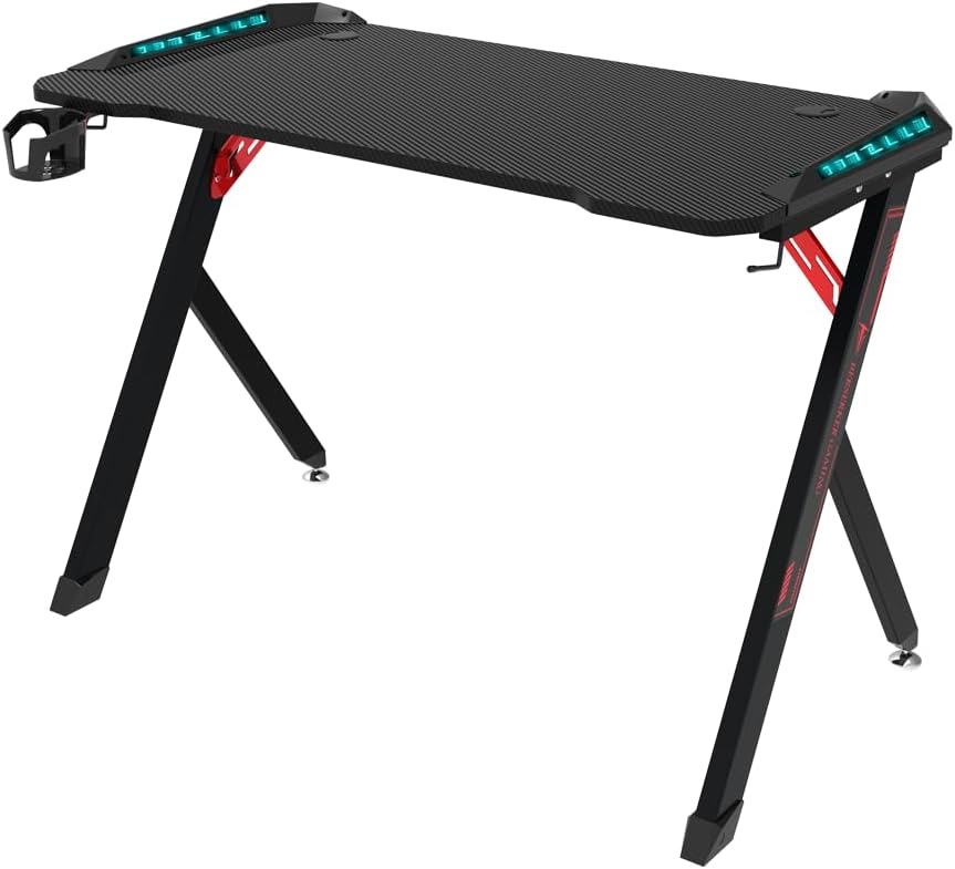 Scrivania gaming - 113 x 60 x 75 cm con illuminazione LED RGB - Piano in fibra di carbonio e gestione cavi - Struttura nera moderna per postazione computer