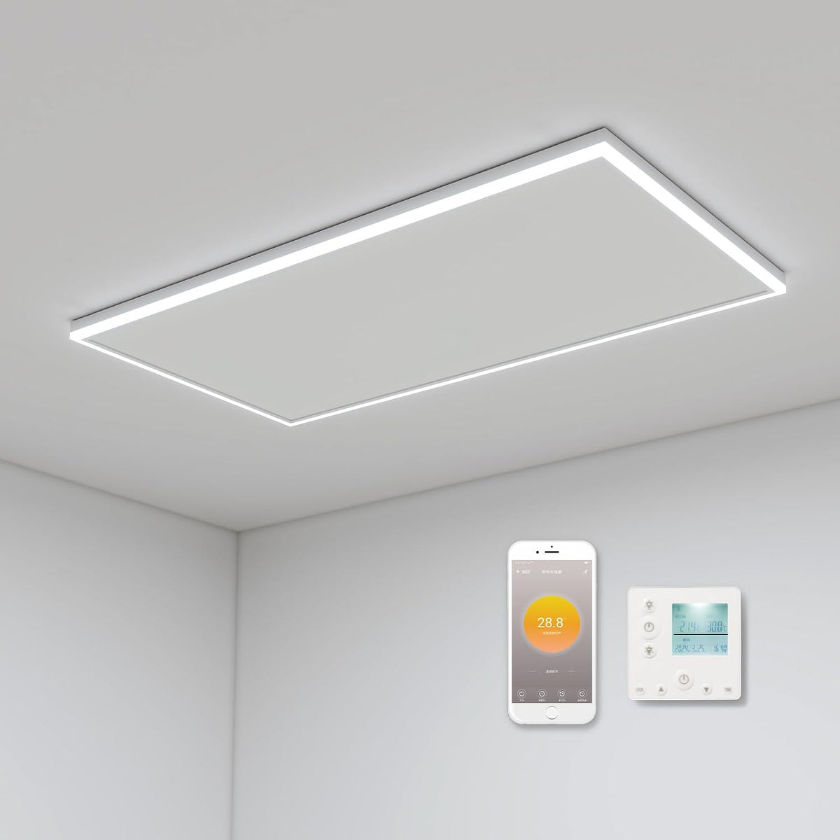 Pannello riscaldante a infrarossi - Riscaldamento da soffitto 840 W con LED - Termostato programmabile WiFi e controllo tramite App - Bianco rettangolare per interni