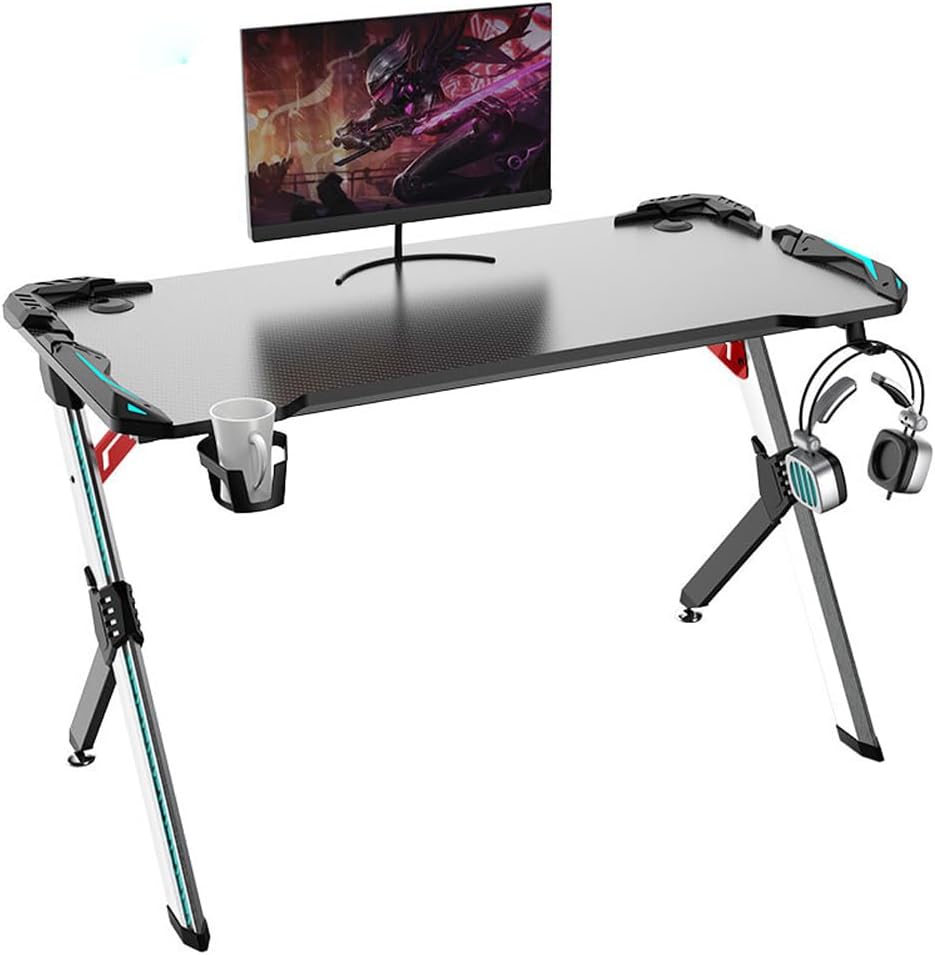 Scrivania gaming - 113 x 60 x 75 cm con piano in fibra di carbonio ABS - Illuminazione LED RGB nero e rosso - Base in lega di alluminio per computer