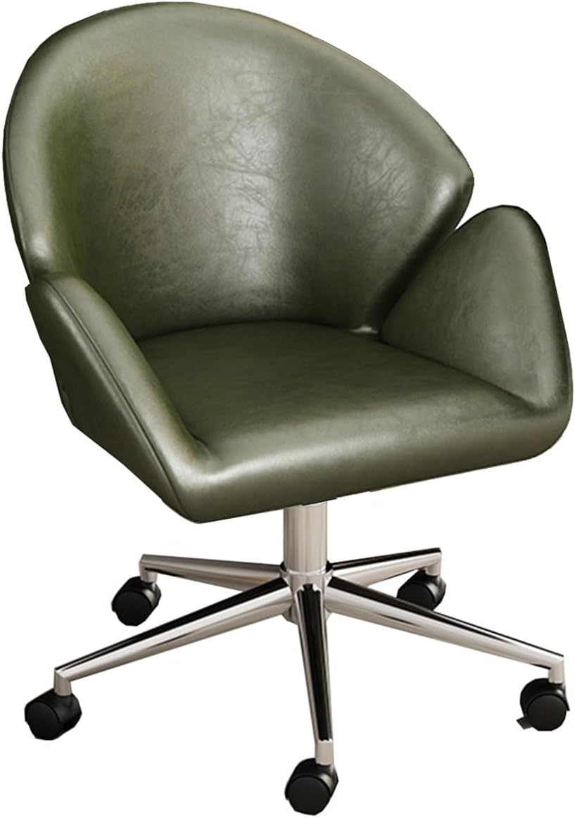 Sedia da ufficio girevole - Rivestimento in pelle verde con cuscino spesso - Braccioli imbottiti e funzione reclinabile - Modello regolabile per scrivania e toeletta