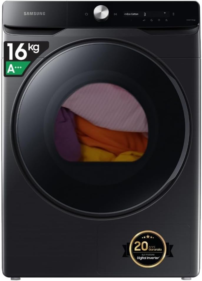 Samsung DV16DG8600BVU3 asciugatrice - Pompa di calore 16 kg con AI Dry - WiFi e programma igienizzante per gestione smart - Nera 68,6 x 84,4 x 98,4 cm a carico frontale