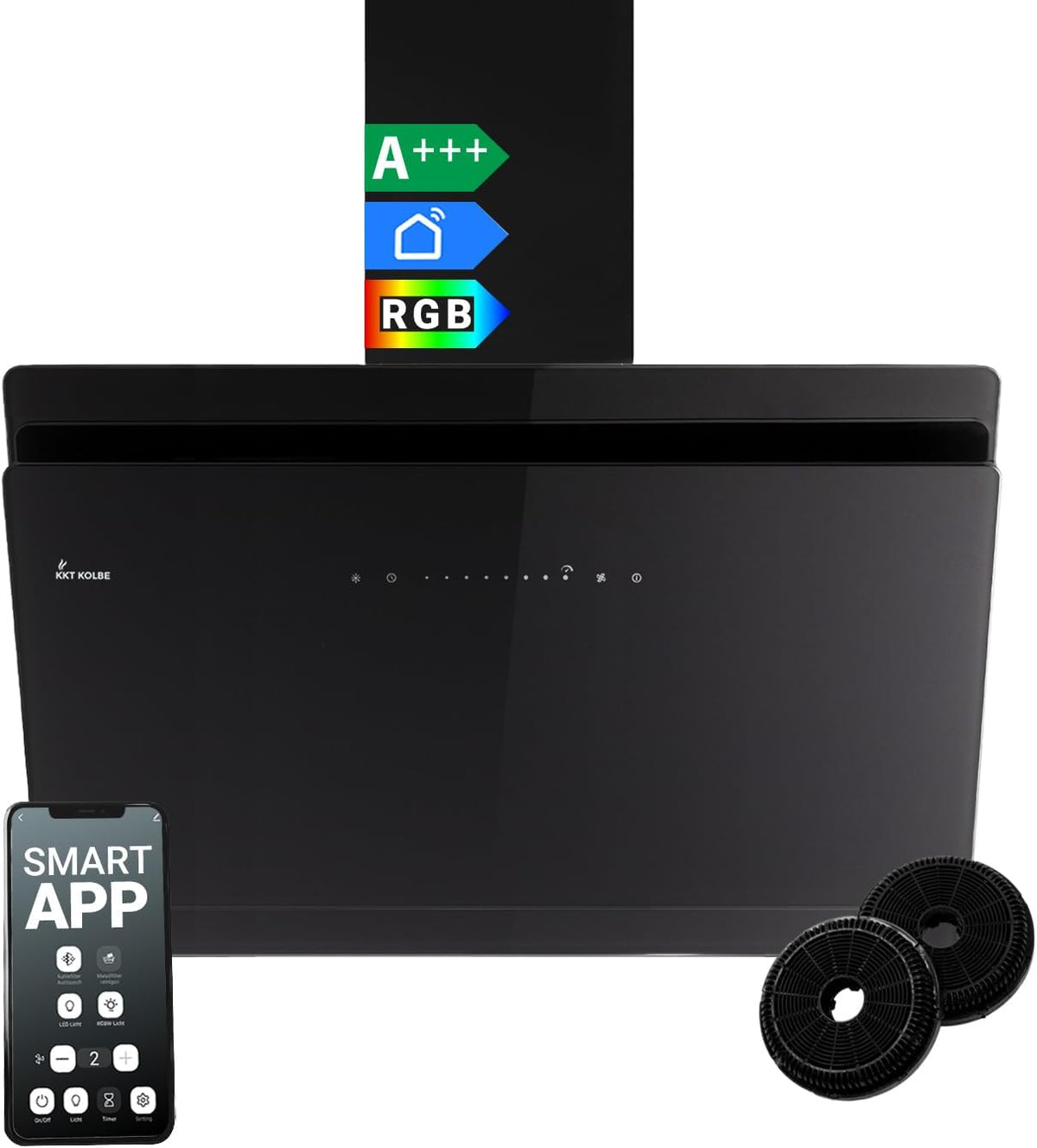 KKT KOLBE SOLO9005SM Cappa aspirante 90 cm - Classe A più con flusso aria 782 m3 h - WiFi Smart App e SensorTouch - Vetro nero con LED RGBW e spegnimento automatico