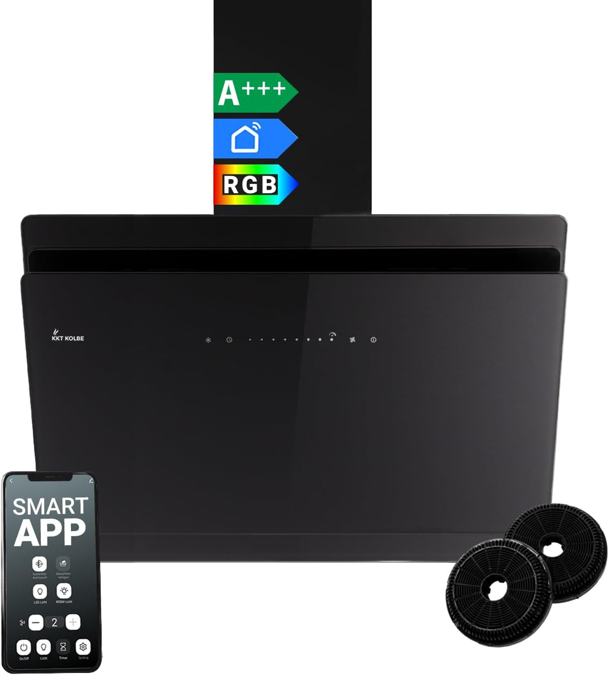 KKT KOLBE cappa aspirante smart 80 cm - Portata aria 782 m3 h con controllo WiFi e app - SensorTouch e illuminazione LED RGBW - Nera in vetro 80 x 32 x 88,8 cm Classe A plus