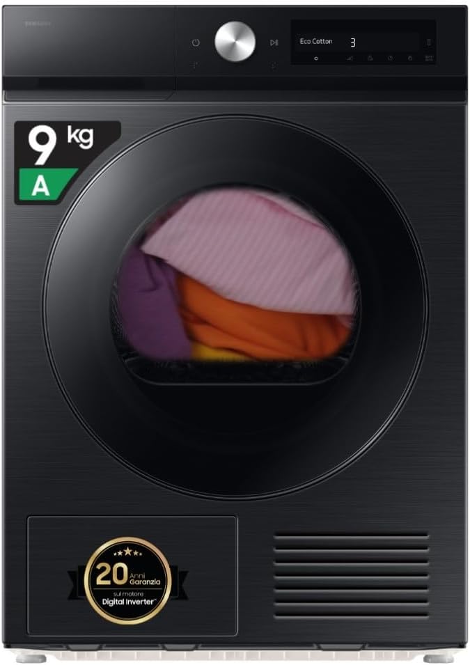 Samsung Bespoke AI DV90DB7845GBU3 asciugatrice - Pompa di calore 9 kg con AI Dry e QuickDrive - WiFi e Hygiene Dry per gestione intelligente - Nera 60 x 60 x 85 cm