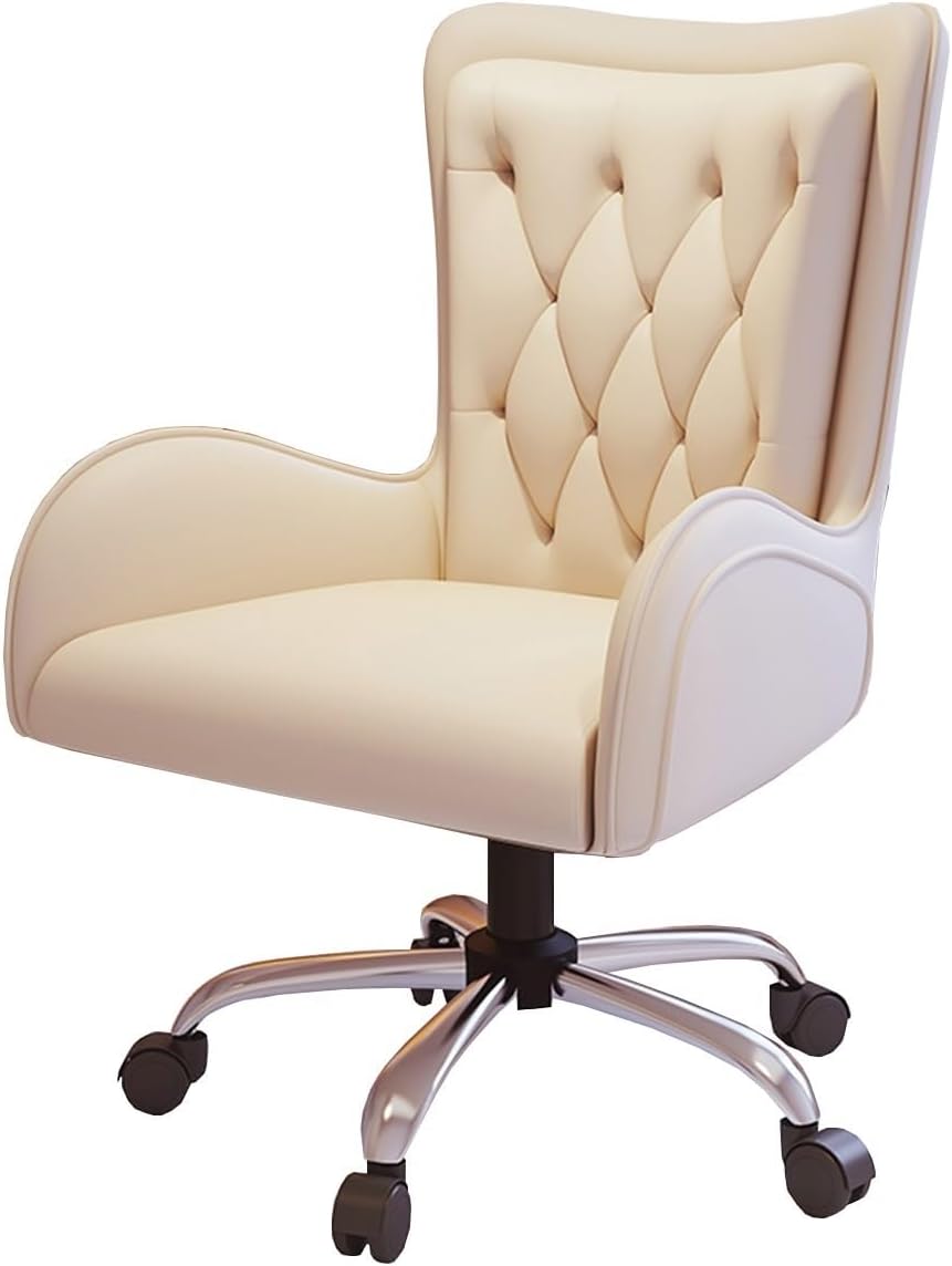 Sedia da ufficio con schienale alto - Pelle PU beige con base argento - Braccioli imbottiti e cuscino spesso - Seduta girevole regolabile per camera e lavoro