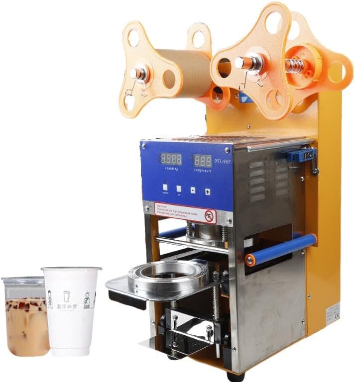 Sigillatrice per tazze 400 W - Capacità da 400 a 600 tazze ora - Struttura in acciaio inox per bubble tea e bevande - Nero giallo per ristoranti supermercati e fast food