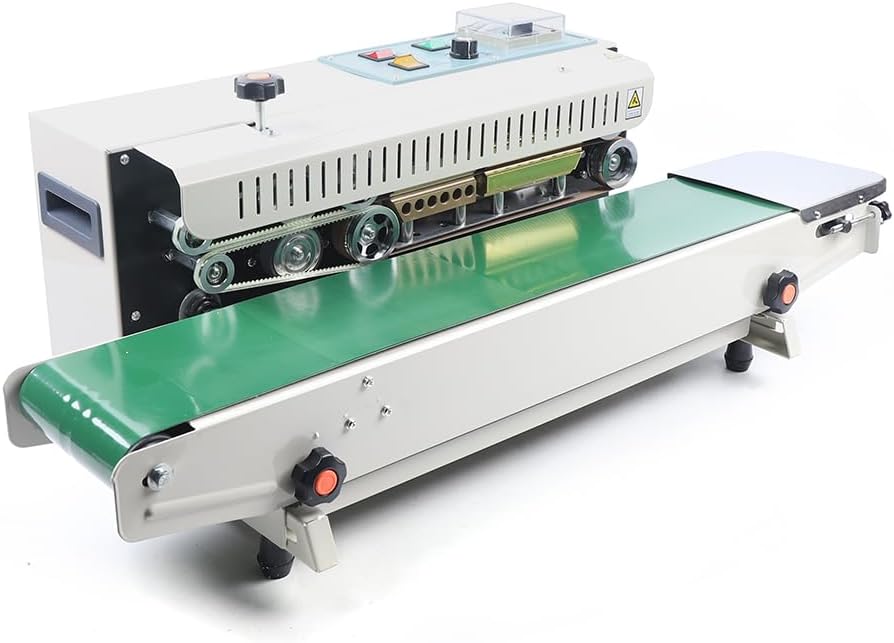 Sigillatrice continua automatica orizzontale - Struttura in acciaio inox e ferro - Sistema per sacchetti in plastica - Bianco verde con modalità automatica e manuale peso 5 kg