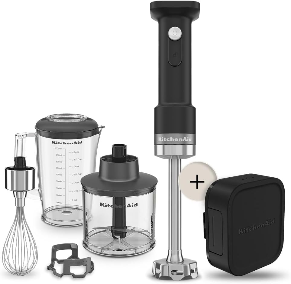 KitchenAid Go frullatore a immersione cordless - Batteria con ricarica USB e funzionamento portatile - Capacità 1 L per tritare e frullare - Nero opaco 7,9 x 7 x 41 cm