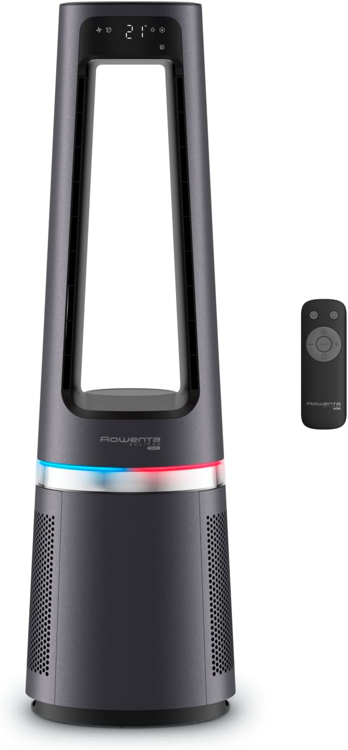 Rowenta Eclipse QU5062F0 - Ventilatore purificatore e riscaldatore 3 in 1 - Dodici velocita con multi oscillazione - Grigio scuro silenzioso con Timer e partenza ritardata