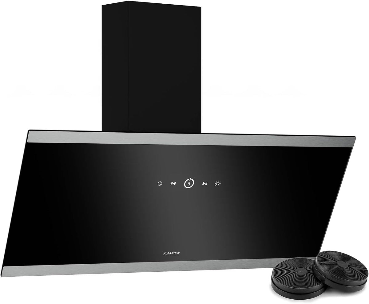 Klarstein FlashLine Cappa aspirante inclinata 90 cm - Classe A più con flusso aria 523,9 m3 h - Touchscreen LED e riduzione rumore - Nera con scarico e ricircolo 34,5 dB