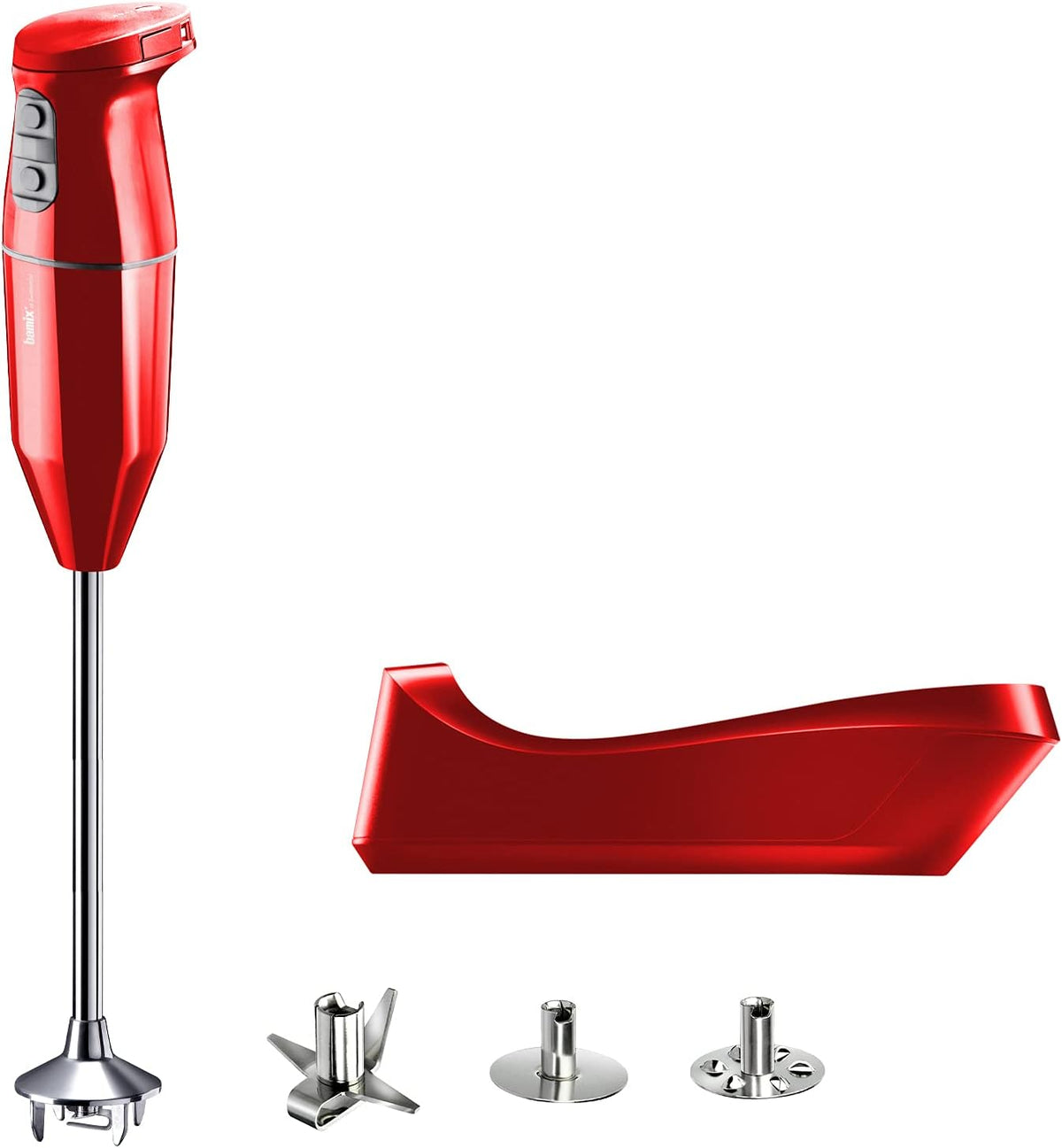 bamix cordless PRO frullatore a immersione 250 W - Struttura in acciaio inox con tre velocità - Coltello multifunzione frusta e disco battente - Rosso con base di ricarica Made in Switzerland