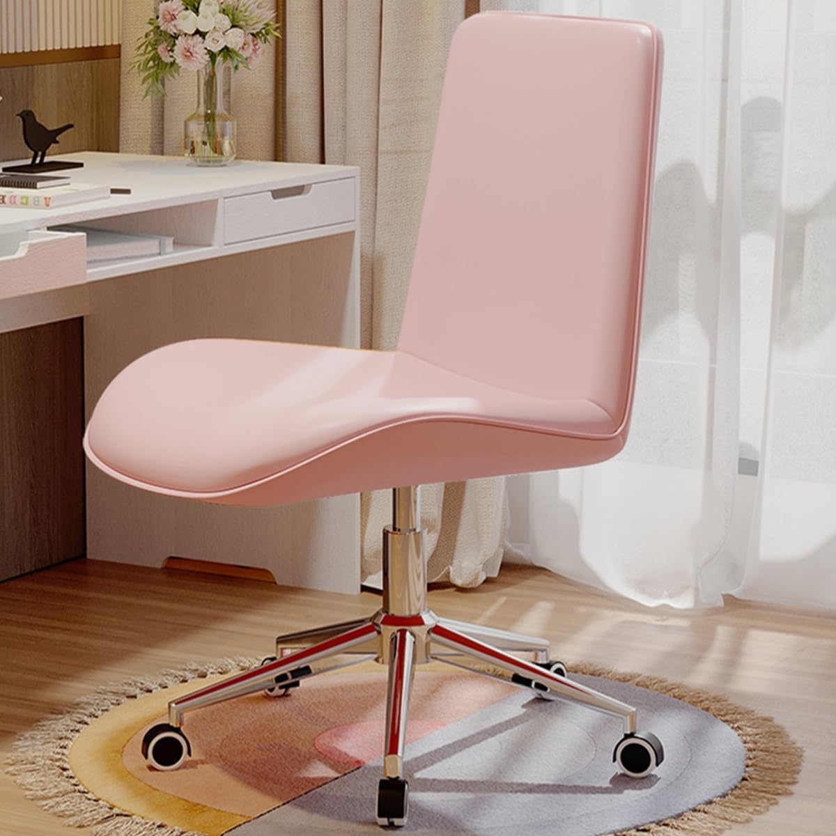 Sedia da ufficio senza braccioli - Modello girevole rosa con ruote e schienale basso - Altezza regolabile per computer - Seduta compatta per camera e piccoli spazi