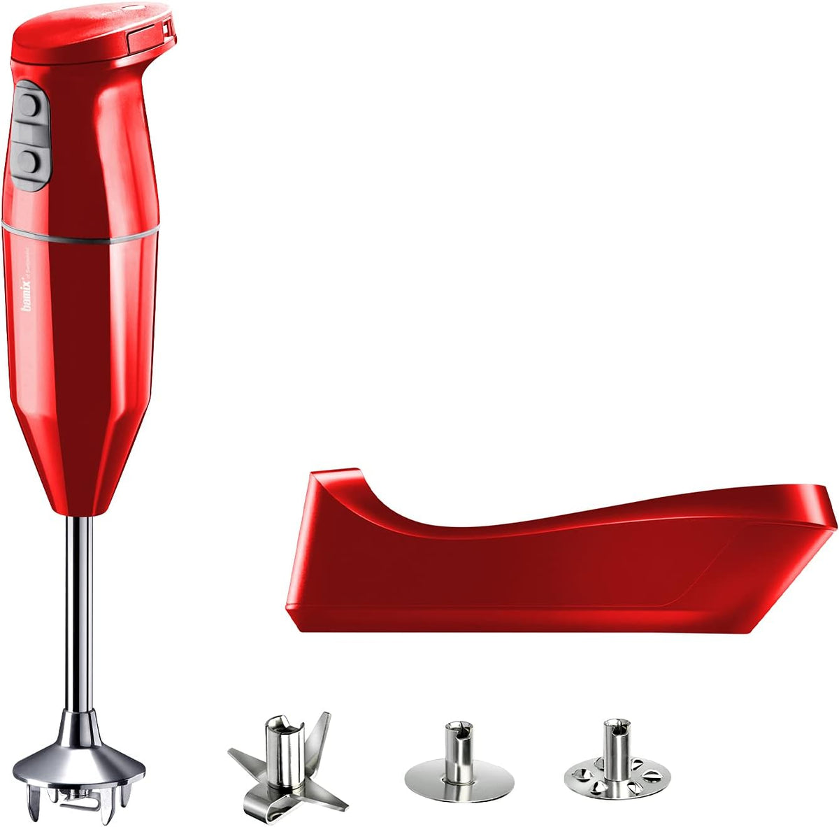 bamix Frullatore a immersione cordless 250 W - 2 velocità con base di ricarica - Lama multiuso frusta e frullino in acciaio inclusi - Rosso Made in Switzerland