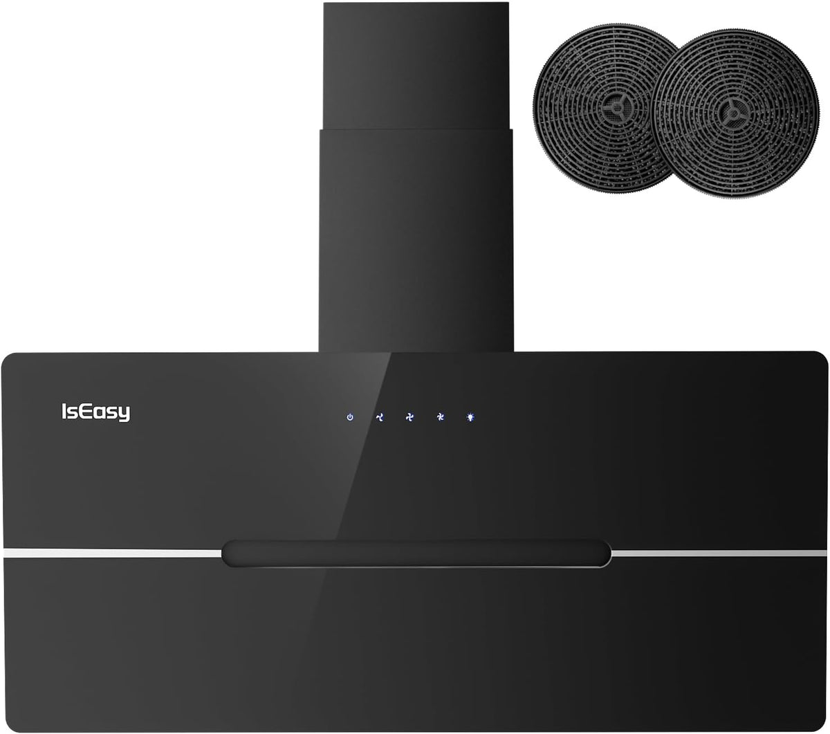 IsEasy cappa aspirante smart 90 cm - Portata aria 578 m3 h con 3 livelli di regolazione - Scarico ricircolo e controllo touch - Nera in acciaio inox e vetro temperato 58 dB Classe A plus