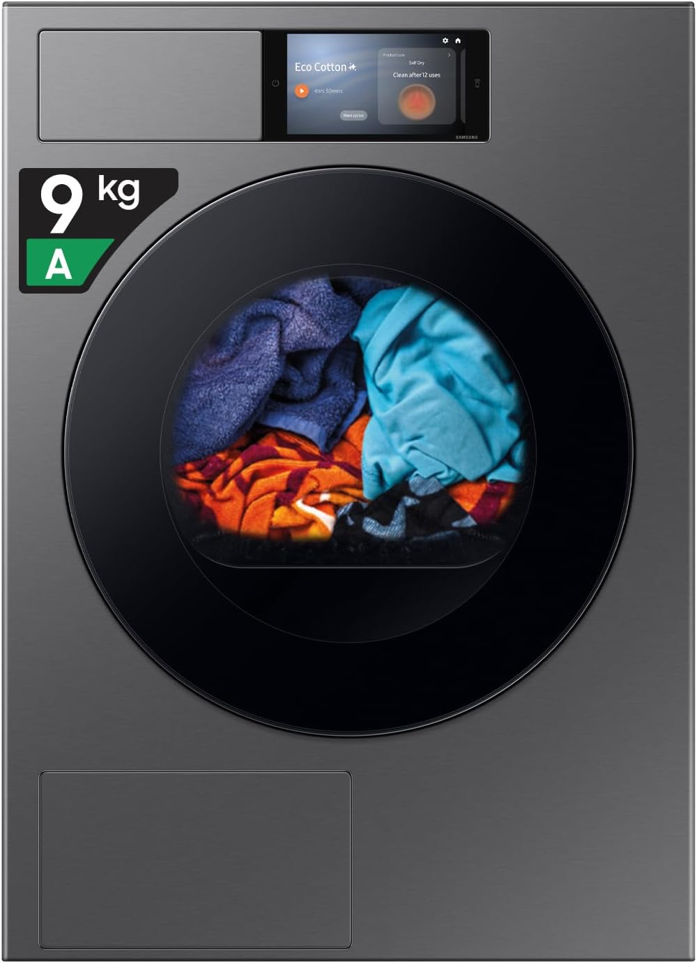 Samsung Bespoke AI DV90F09F4SU3 asciugatrice - Pompa di calore 9 kg con AI Dry - WiFi controllo vocale e display AI Home - Dark Silver con porta nera 60 x 60 x 85 cm