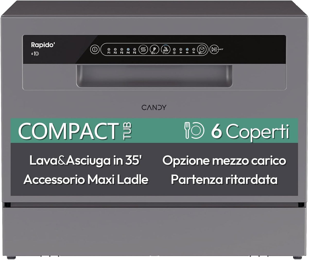 Candy Rapido CP 6E51LS lavastoviglie compatta - 6 coperti con 8 programmi e ciclo rapido 35 minuti - Partenza ritardata e controllo touch - Argento 55 x 50,1 x 44,3 cm 51 dB