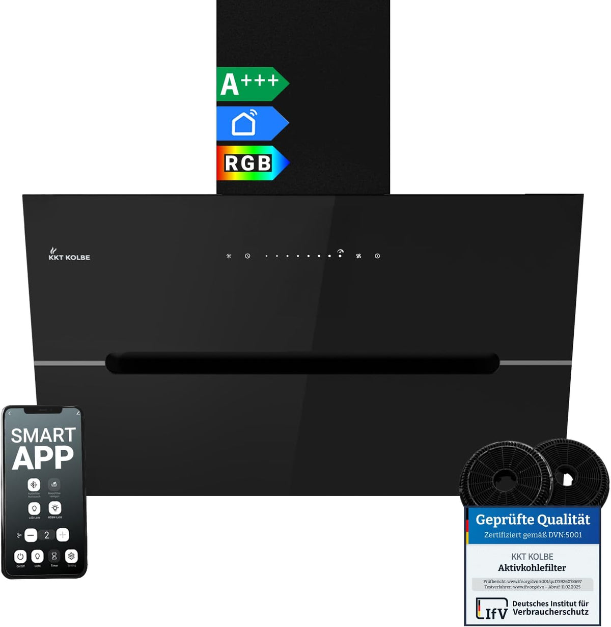 ECCO8005SM Cappa aspirante inclinata 80 cm - Flusso aria 782 m3 h - WiFi touch e spegnimento automatico - Acciaio inox vetro nero con LED RGBW e ricircolo