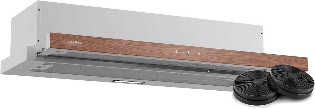 Klarstein ZenFusion cappa aspirante da incasso 90 cm - Portata aria 400 m3 h con controllo touch - Filtro antigrasso e carbone con LED - Bianca effetto legno 90 x 30 x 34 cm Classe A