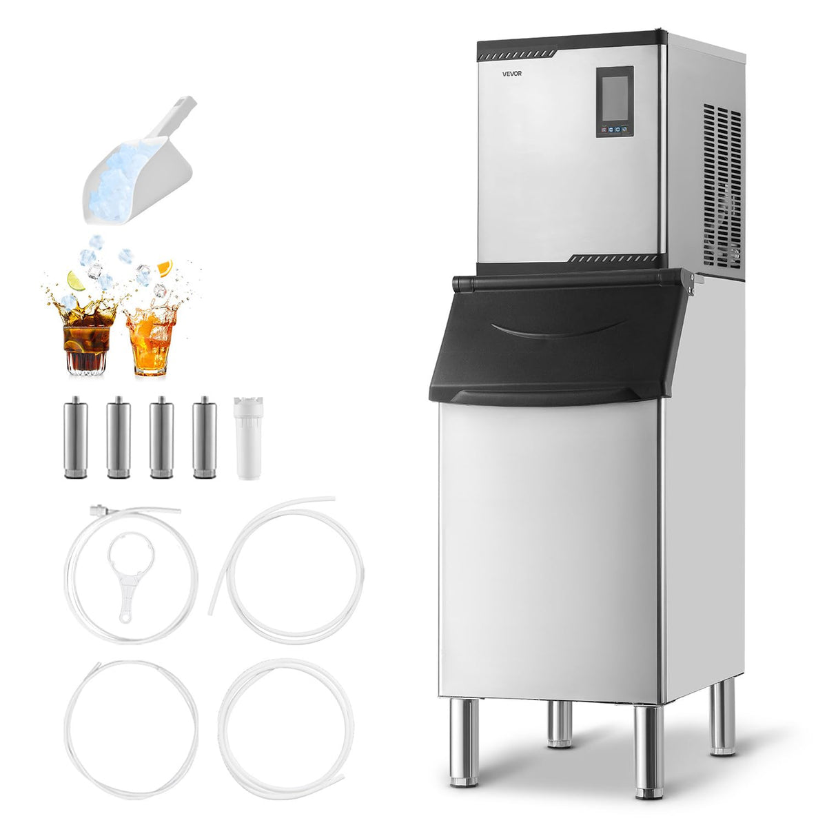VEVOR - Macchina per cubetti di ghiaccio commerciale 136 kg al giorno - Contenitore di stoccaggio in acciaio inox - Touchscreen e autopulizia per bar e caffetterie