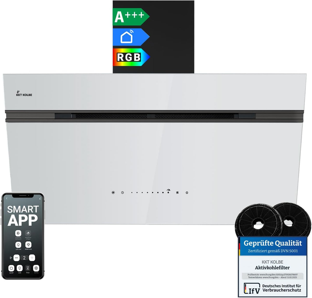 KKT KOLBE AURORA9005SW cappa aspirante smart 90 cm - Portata aria 782 m3 h con WiFi e SensorTouch - Ripresa automatica e illuminazione LED RGBW - Vetro bianco e nero Classe A plus