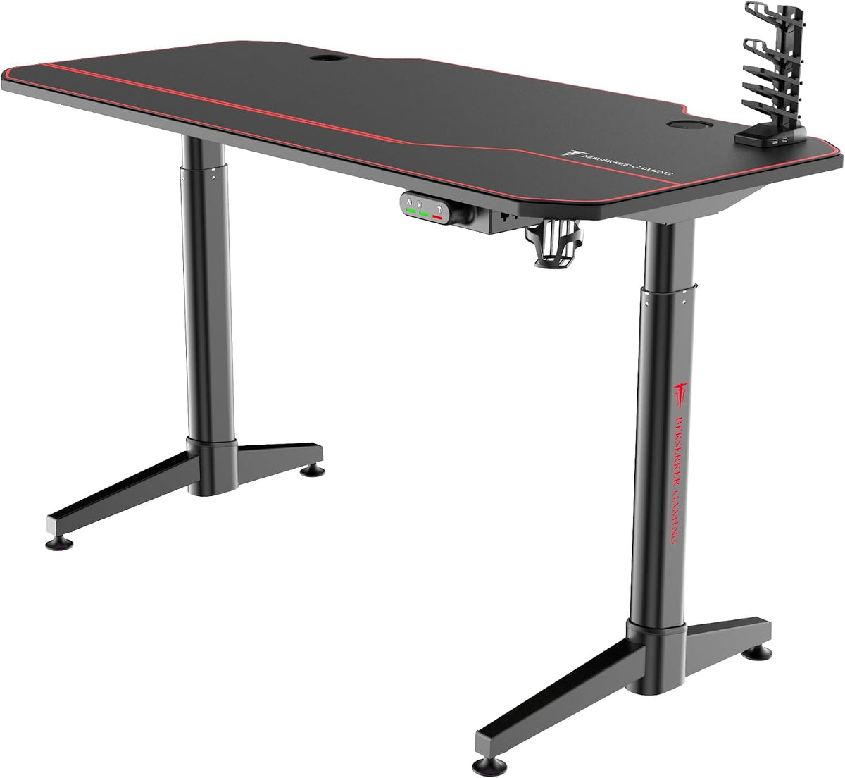 BERSERKER - Scrivania gaming elettrica regolabile 140 x 66 x 75 cm - Piano in fibra di carbonio con hub USB a quattro porte - Illuminazione RGB e finitura nera