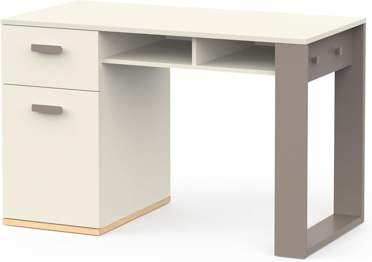 Demeyere - Scrivania con cassetto silenzioso 120 x 59.8 x 76.5 cm - Pannello melaminico bianco e grigio - Due nicchie due ripiani e ganci laterali