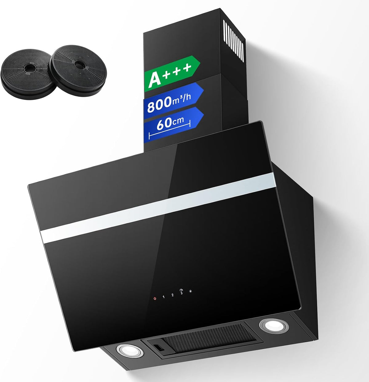 TopStrong cappa aspirante inclinata 60 cm - Portata aria 800 m3 h con 3 livelli e Booster - Ricircolo canalizzazione filtro carbone e LED - Nera 59,5 x 38,7 x 94 cm 65 dB