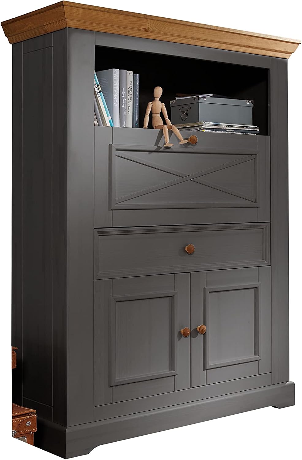 Woodroom Oslo - Armadio segretario da ufficio in legno di pino - Struttura grigia 108 x 42 x 152 cm - Mobile per file cartelle e postazione di lavoro
