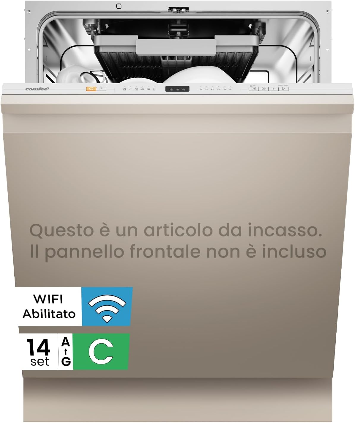 COMFEE CDWPB1415P S W EU Lavastoviglie da incasso 14 coperti - 8 programmi con mezzo carico - IoT Cloud Wash e Hygiene Wash 72 gradi - Inox con asciugatura extra 58 dB