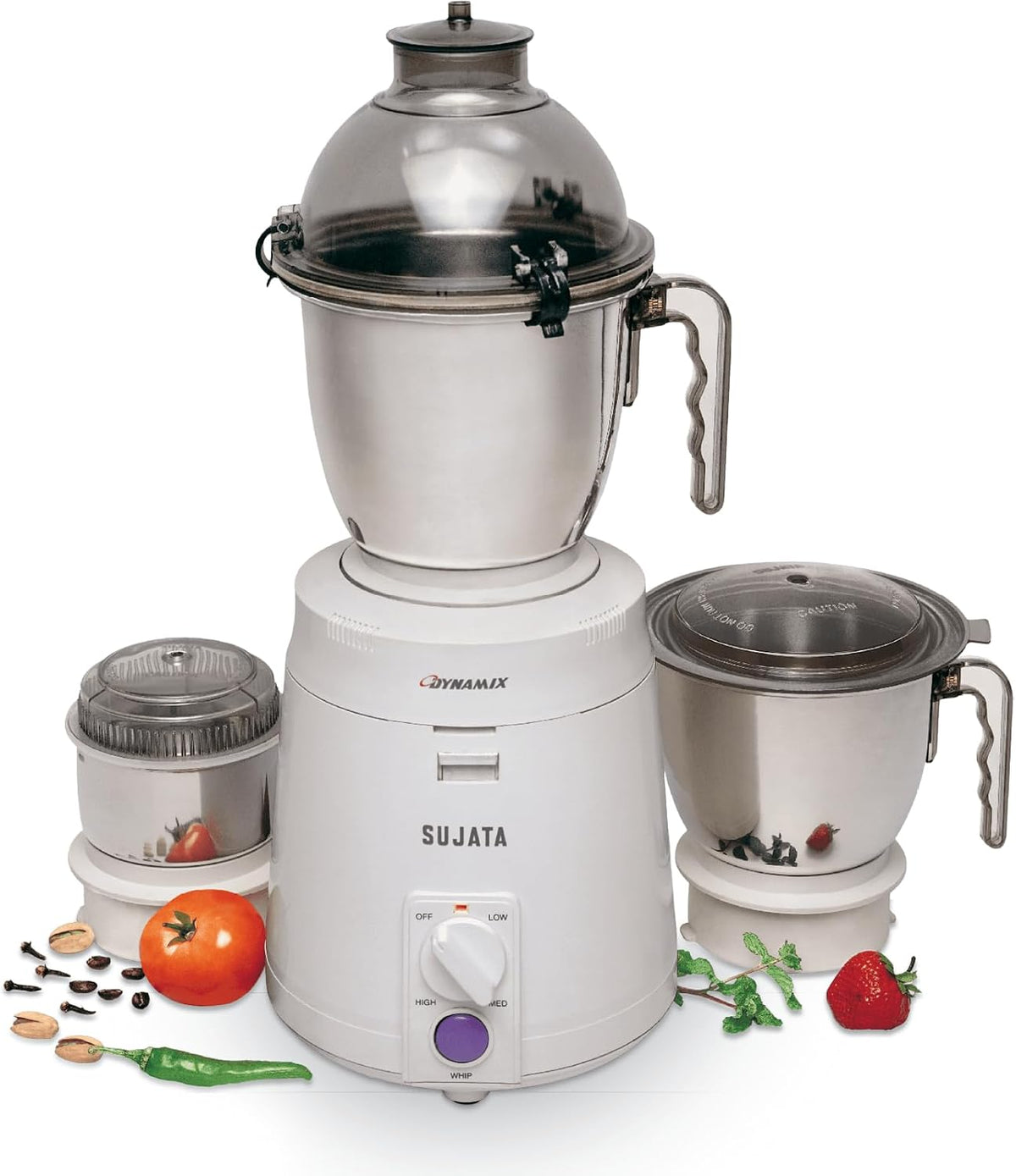 Sujata Dynamix Macinino miscelatore 900 W - Capacità complessiva 2,9 L con 3 barattoli - Velocità regolabile e alimentazione 230 V - Acciaio inox con spina indiana