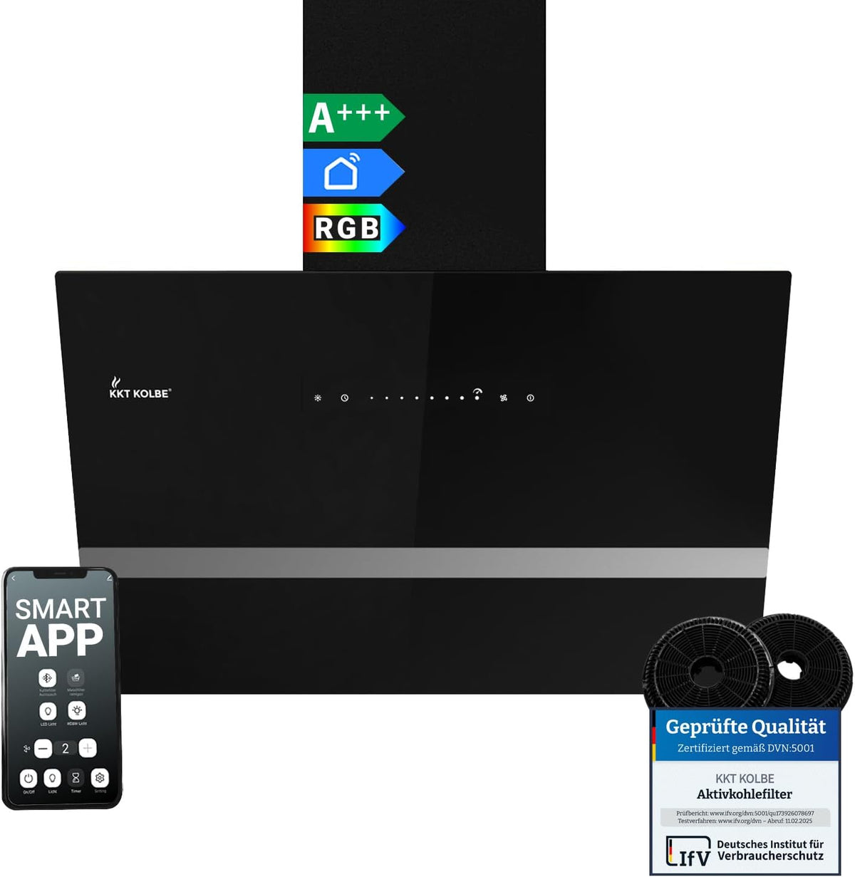 EASY6005SM Cappa aspirante inclinata 60 cm - Flusso aria 782 m3 h - WiFi touch e spegnimento automatico - Vetro nero con LED RGBW e modalità ricircolo