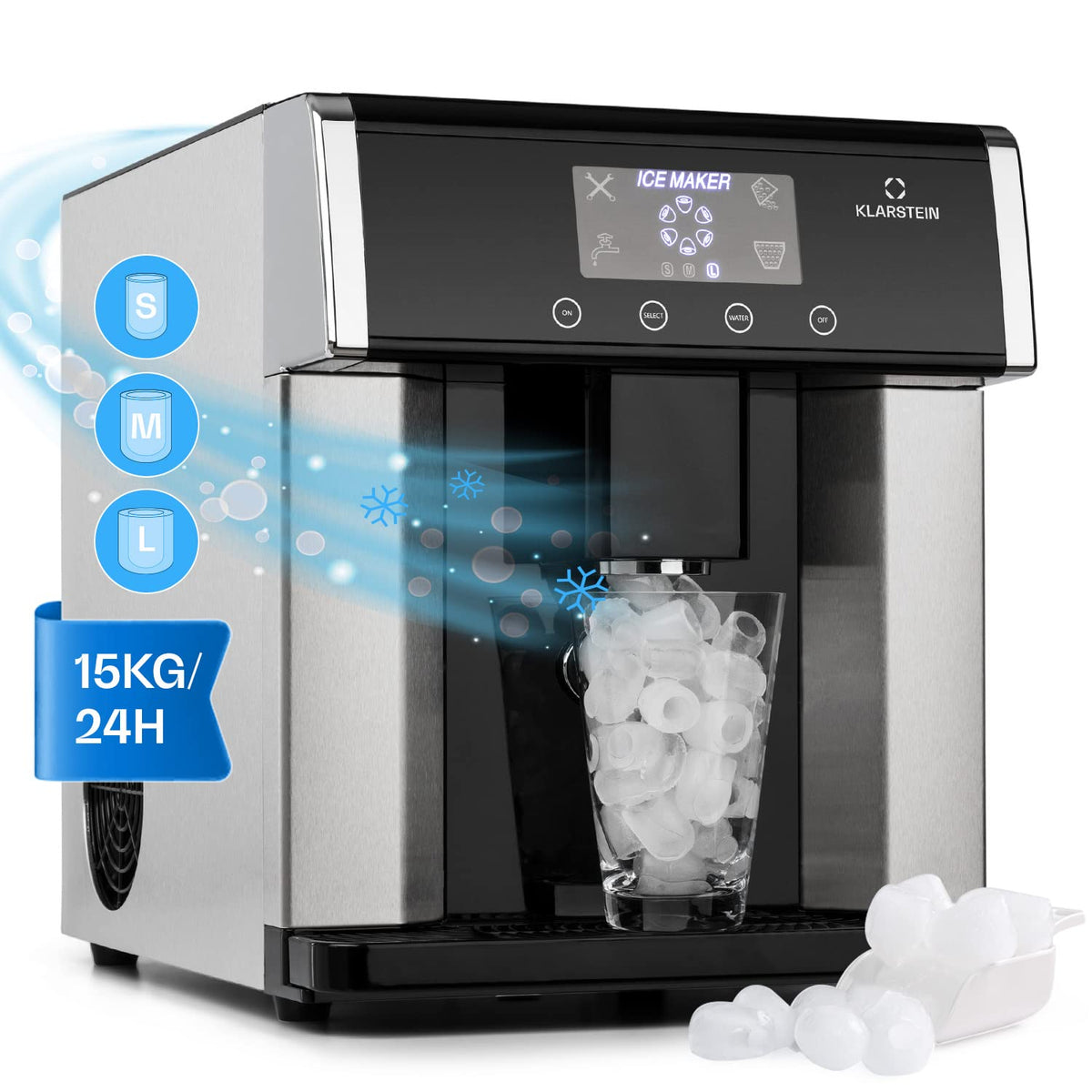 Klarstein Eiszeit macchina per ghiaccio 3 L - Produzione 10 15 kg in 24 ore con tre forme di cubetti - Display LCD e capacità ghiaccio 600 g - Acciaio inox spazzolato 165 W