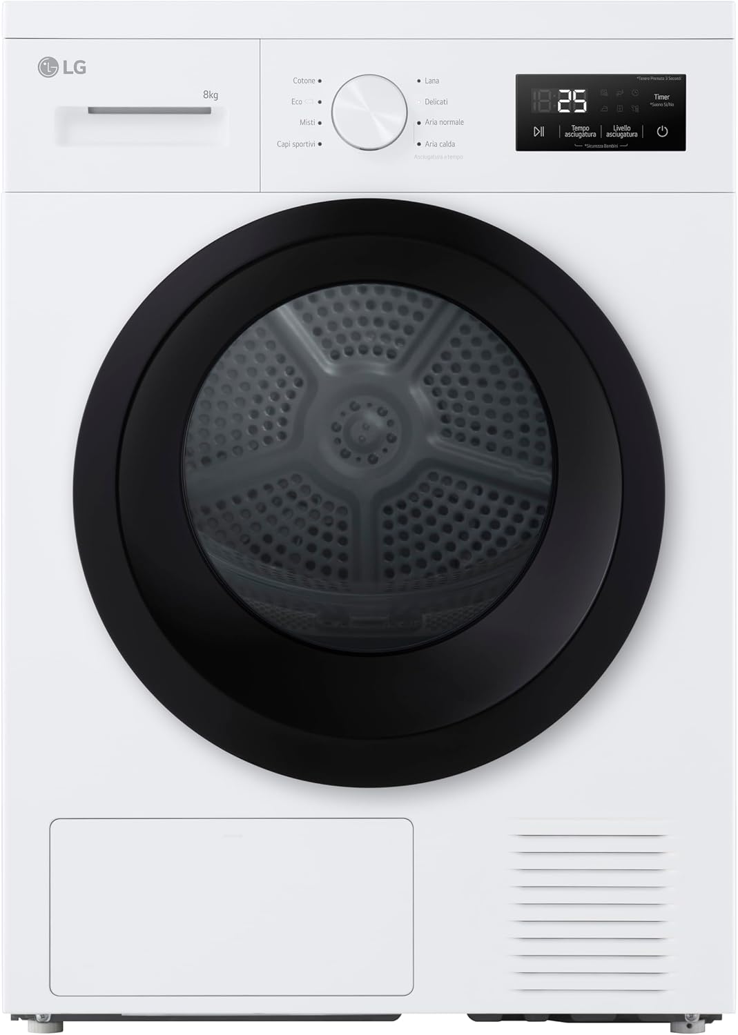 LG RNA1008NWK Serie A1 asciugatrice - Pompa di calore 8 kg con 8 programmi - Asciugatura delicata a bassa temperatura con sensore - Bianca con cestello in acciaio galvanizzato