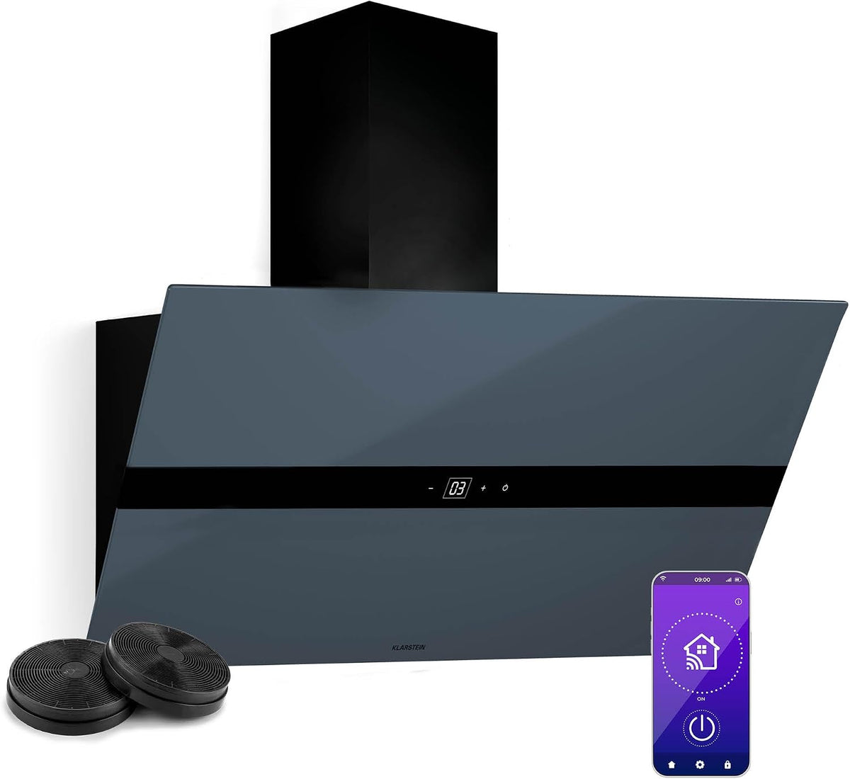 Klarstein WiFusion cappa aspirante smart 90 cm - Portata aria 690 m3 h con motore 110 W - Controllo WiFi touch e illuminazione LED - Grigio blu 90 x 43 x 38 cm Classe A plus
