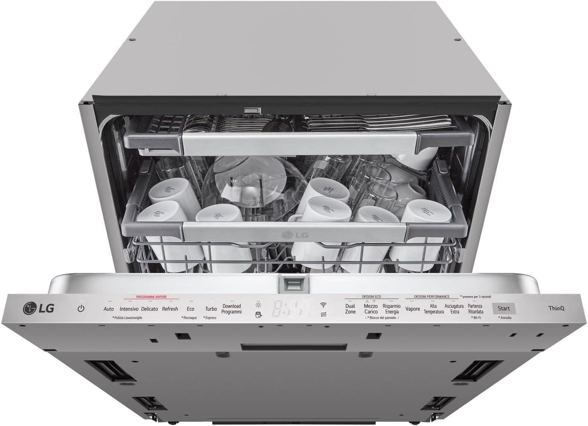 LG QuadWash DB365TXS Lavastoviglie da incasso 14 coperti - Classe B con 4 bracci irroratori e vapore - WiFi apertura automatica e cerniere Sliding - Acciaio 43 dB