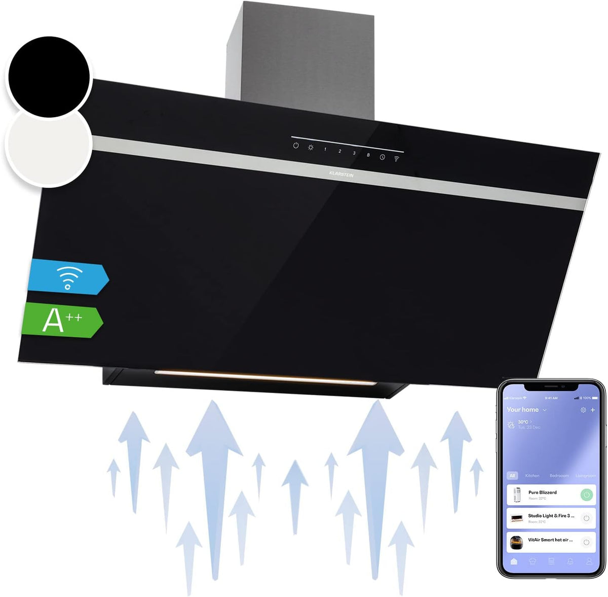 Klarstein Ava Cappa aspirante da incasso 90 cm - Classe A più con flusso aria 514 m3 h e motore 120 W - WiFi LED RGB e 3 velocità - Nera con filtro antigrasso lavabile