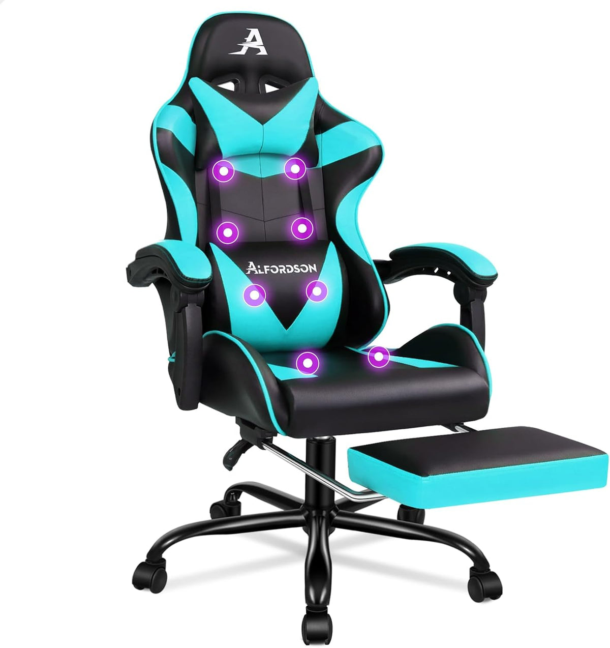 ALFORDSON sedia gaming massaggiante - Cuscino lombare e poggiapiedi integrato - Struttura girevole con portata fino a 180 kg - Pelle sintetica ciano 82 x 74 x 120 cm