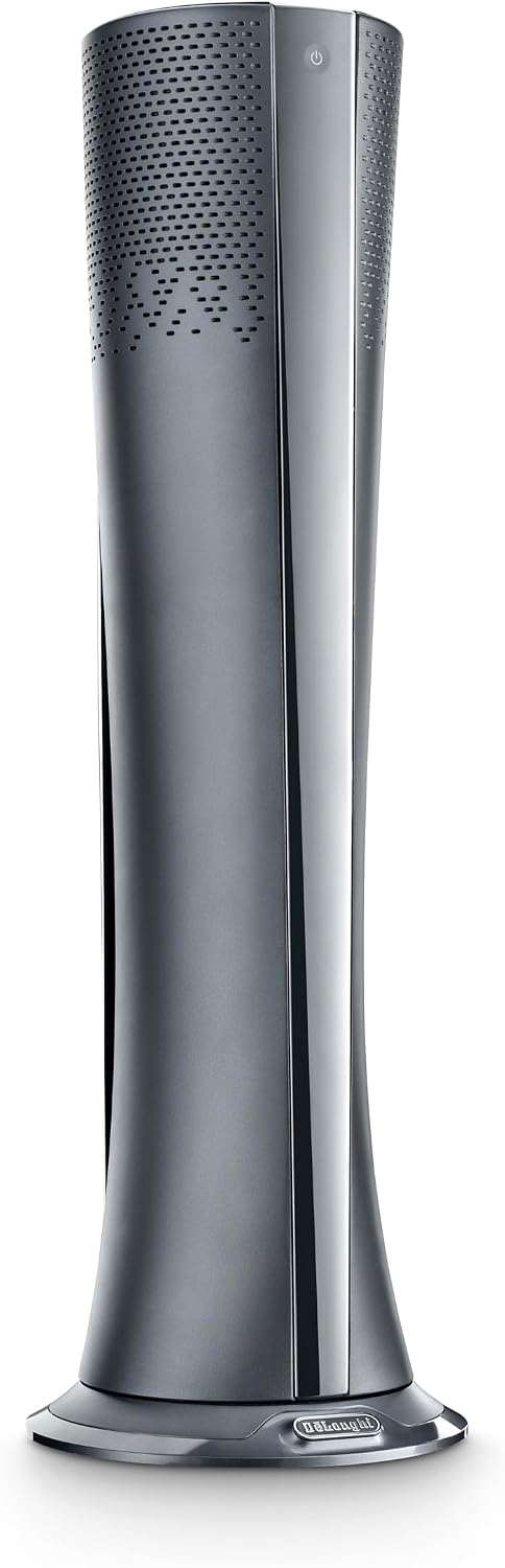 DeLonghi HFX85W20C termoventilatore 3 in 1 2000 W - Riscalda ventila e purifica aria fino a 60 m3 - Display LED - Silver Metal a torre per uso interno